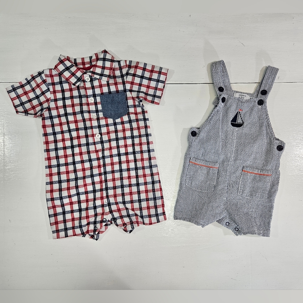 Crown & Ivy baby sail boat 2 piece overall set boys size 12 months
